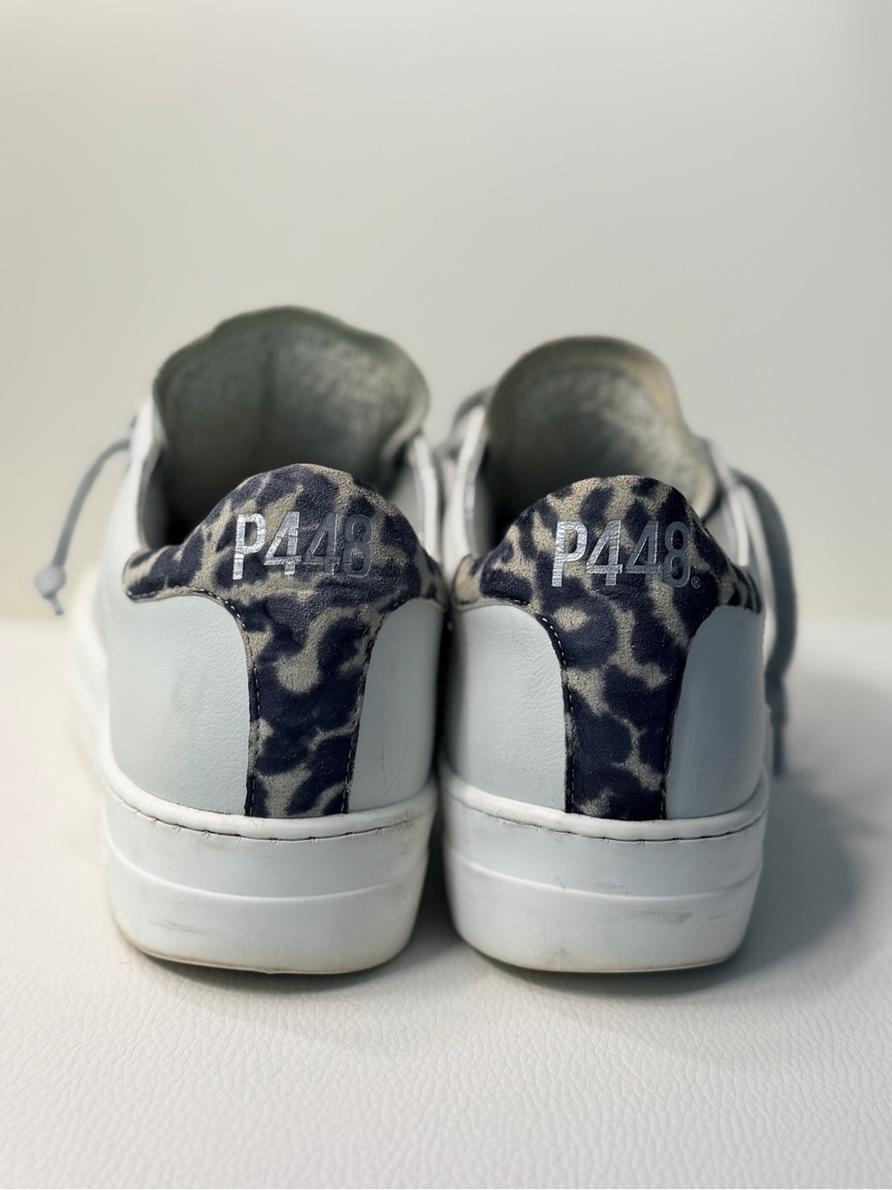 P448 Low-Top Platform Sneakers in Light Gray with Leopard Heel Size 5.5-6